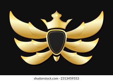 blank golden badge with wing on black background