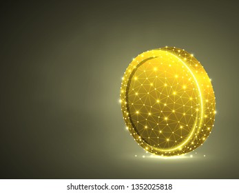 Blank Golden Coin symbol colorful 3d illustration. Polygonal Vector business, money, finance, cash, circle concept. Low poly wireframe, triangle, lines, dots, polygons. RGB color mode