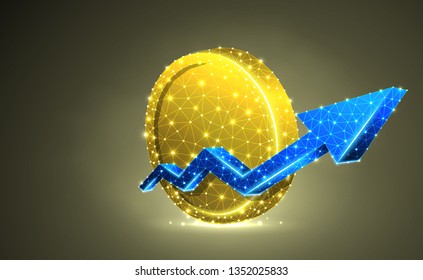 Blank Golden Coin symbol with growth arrow. Colorful 3d illustration. Polygonal Vector business money, finance, cash, market trend, success concept. Low poly wireframe, triangle, lines, dots, polygons