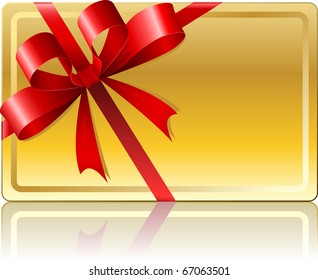 Blank golden gift card with ribbon isolated on white background.