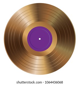 blank golden long play vinyl record with purple label, vector illustration