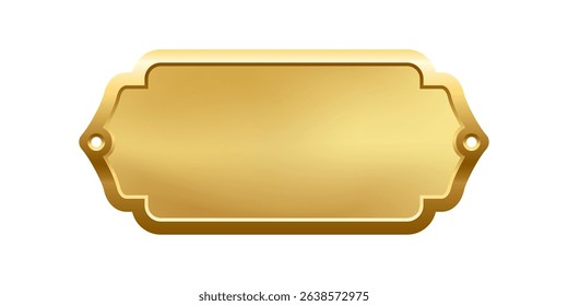 Blank golden nameplate plaque with decorative edges and screw holes. Empty metallic label for engraving, signage, awards, door signs. Realistic vector illustration.