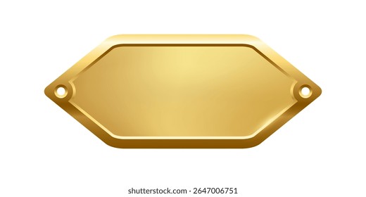 Blank golden nameplate plaque with decorative edges and screw holes. Empty metallic label for engraving, signage, awards, door signs. Realistic vector illustration.