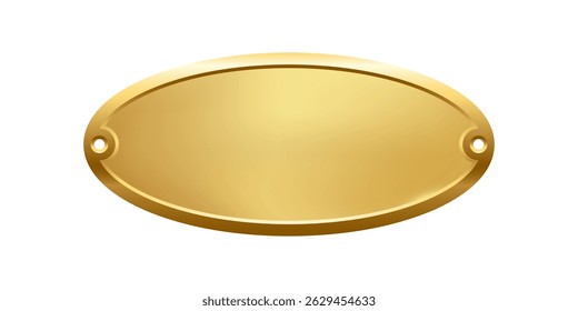 Blank golden nameplate plaque with screw holes. Empty metallic oval label for engraving, signage, awards, door signs. Realistic vector illustration,
