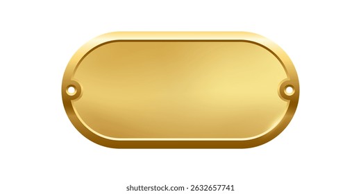 Blank golden nameplate plaque with screw holes. Empty metallic oval label for engraving, signage, awards, door signs. Realistic vector illustration.