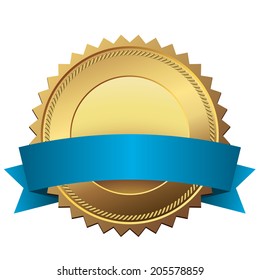 Blank golden quality label with blue banner vector template isolated on white background.