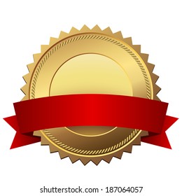 Etiqueta de calidad dorada en blanco con plantilla vectorial de banner rojo aislada en fondo blanco.