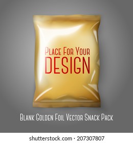 Blank golden realistic foil snack pack isolated on grey background with place for your design and branding. Vector illustration