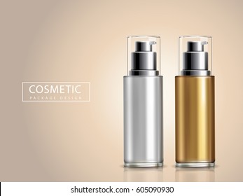 blank golden and silver cosmetic bottle models, 3D illustration