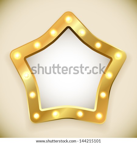 Blank golden star frame with light bulbs vector illustration.