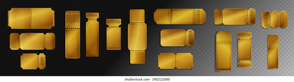 Blank golden tickets mockup with barcode and dotted line. Empty templates for concert, movie theater and transport boarding. lottery coupons isolated on transparent background, Realistic 3d vector set