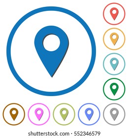 Blank GPS map location pin flat color vector icons with shadows in round outlines on white background