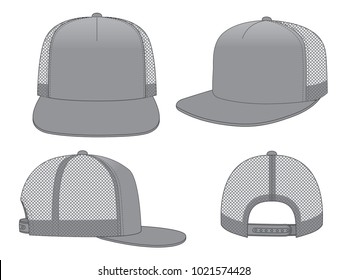 Blank Gray 5-Panels Hip Hop Cap with Mesh Back, Adjustable Snap Back Closure Template on White Background, Vector File.