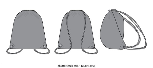 Blank Gray Drawstring Shoulder Bag Template On White Background.Front, Back and Side View.