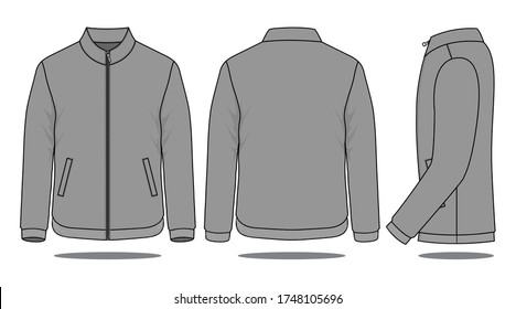 Blank Gray Jacket Template on White Background. Front, Back and Side Views, Vector File.