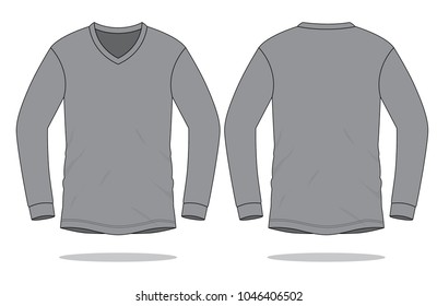 Blank Gray Long Sleeve V-Neck T-Shirt Vector For Template.Front And Back Views.