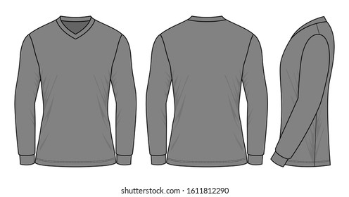 Blank Gray Long Sleeve V-Neck Shirt Template Vector.Front, Back And Side Views.