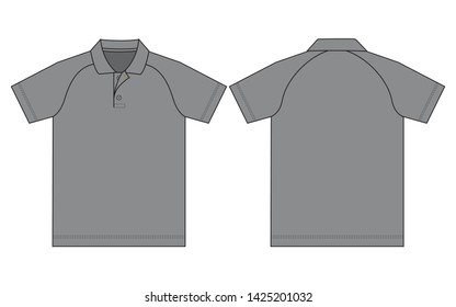 Blank Gray Raglan Short Sleeve Polo Shirt with Flat Lay Template on White Background, Front and Back Views, Vector File