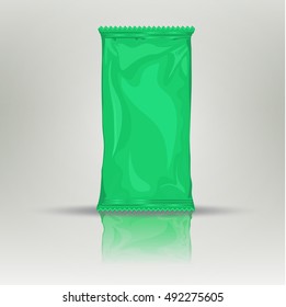 Blank gray realistic foil snack pack gray on white background. Foil package with place for your design and branding. Product packing bag. Blank plastic pocket bag