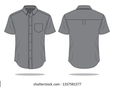 Blank Gray Short Sleeve Shirt With One Pocket Template On White Background. Front And Back View, Vector File.