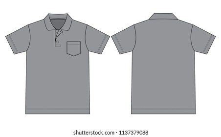 Blank Gray Short Sleeves Polo Shirt With One Pocket Template Vector.Front And Back Views.