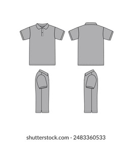 Blank Gray Short Sleeves Polo Shirt with One Pocket Template on White Background. Front and Back Views, Vector File.