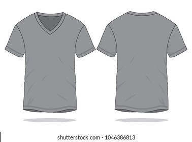 Blank Gray Short Sleeves V-Neck Shirt Template On White Background.Front And Back View, Vector File.