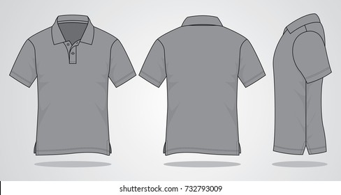 Blank Gray Short-Sleeve Polo Shirt Template. Front, Back, and Side Views, Vector File.