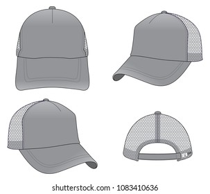 Blank gray trucker cap with mesh at side and back, adjustable slider plastic buckle zip template on white background. vector file