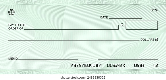 Blank green bank check. Checkbook cheque template. Vector document with spaces for the payee, date, dollar amount, memo, and signature. The bottom features the routing, account, and check numbers