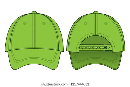 Blank green baseball cap with adjustable snap back closure strap template on white background.Front and back view, vector file