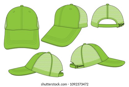 Blank Green Baseball Cap With Mesh At Side And Back Panels, Slider Plastic Buckle Zip Closure Strap Template on White Background, Vector File.