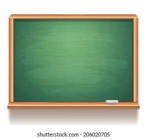 Blank green blackboard and little piece of chalk.