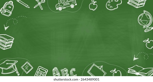 Blank green chalkboard with hand drawn school icons, ideal for text overlays, presentations, lesson plans, or educational banners. Vector art