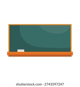 A blank green chalkboard with a ledge and a plain background viewed from the front