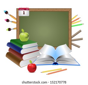 Blank green chalkboard with school supplies, books and apples on white background.