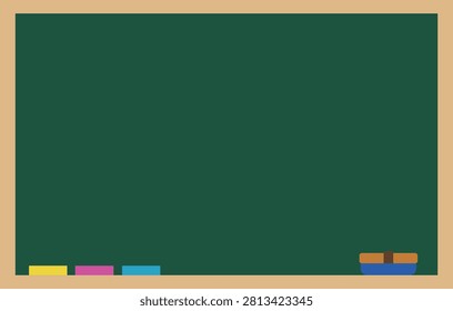 Blank green chalkboard vector illustration, school blackboard with wooden frame, colorful chalks and eraser mockup template