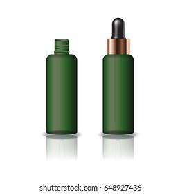 Blank green clear cosmetic round bottle with dropper lid for beauty product packaging. Isolated on white background with reflection shadow. Ready to use for package design. Vector illustration.