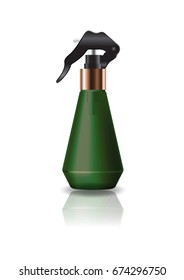 Blank green cone shape cosmetic bottle with spray head for beauty or healthy product. Isolated on white background with reflection shadow. Ready to use for package design. Vector illustration.
