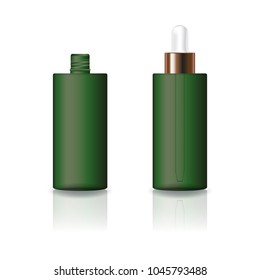 Blank green cosmetic cylinder bottle with white dropper lid for beauty or healthy product. Isolated on white background with reflection shadow. Ready to use for package design. Vector illustration.