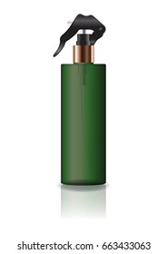 Blank green cosmetic cylinder bottle with spray head for beauty or healthy product. Isolated on white background with reflection shadow. Ready to use for package design. Vector illustration.