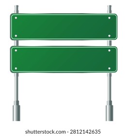 Blank Green Double Road Sign on Metal Poles Isolated on White Background