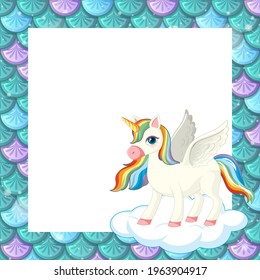 Blank green fish scales frame template with cute unicorn cartoon character illustration