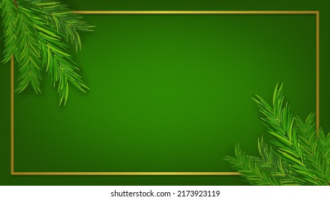 fondo de iluminación de color verde gradiente en blanco con marco dorado y ramas de pino verde para el fondo festivo de vacaciones y banner del sitio web o decoración de diseño gráfico
