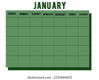 Calendario de cuadrícula verde en blanco con cajas. Ilustración de cuadrícula de calendario de Vector editable.