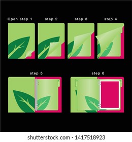 Blank green open and closed copybook template on black background. colorful isolate vector, green leaf design