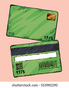Blank green personal paid value e-ticket wallet isolated on pink backdrop. Bright color hand draw picture sketch in doodle style. Closeup view with space for text