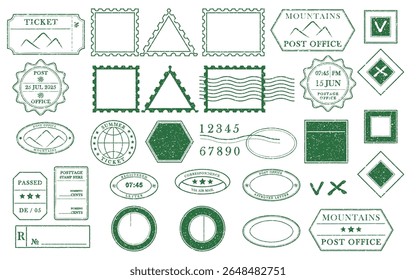 Blank green postage rubber stamp. Mockup office stamp Clean post postmark template Vintage style sticker collection, travel destination mail, tourism, mountain, summer, sun theme. Vector illustration