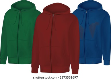 Blank green, red, blue mens hoodie sweatshirt long sleeve. Male hoody with hood front view. Vector template sport winter clothes for design mockup, print, isolated on white background