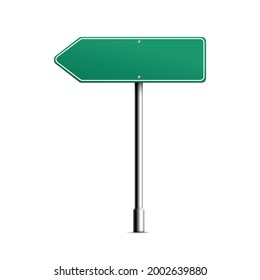 Blank green road sign in shape of pointing arrow, realistic vector mockup illustration isolated on white background. City traffic signpost or signboard template.